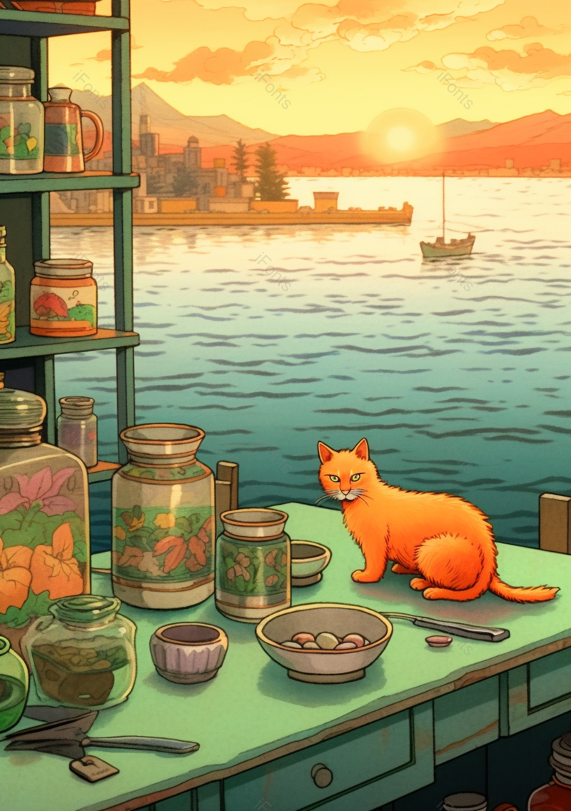 橙色湖泊晚霞卡通动物插画背景,插画/手绘图,插画/手绘图库,插画/手绘图下载,插画/手绘
